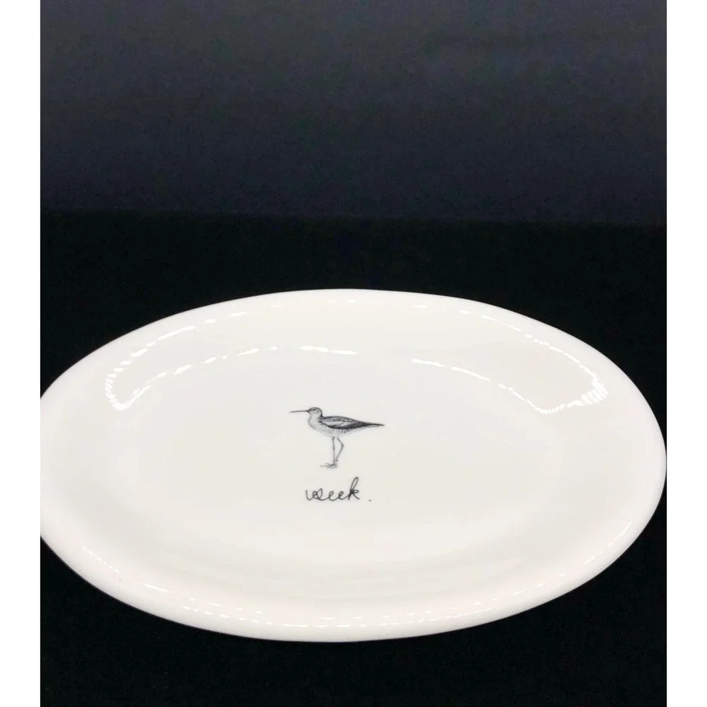 Rae Dunn Artisan Collection Sandpiper Week Oval Ceramic Tray White Magenta